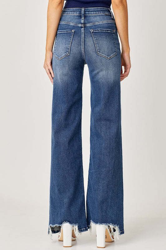 High Rise Frayed Hem Wide Leg Jeans