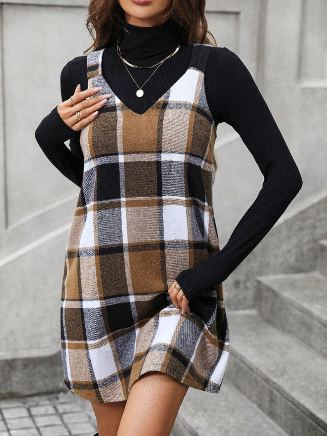 twist of fate v neck mini dress plaid V-Neck – AW Church Dress by Nubiano Made from 100percent cotton 268CC1 Color:Black/Mocha