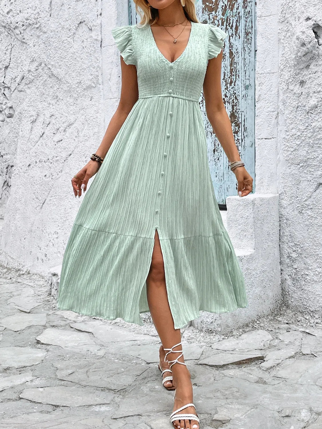 V-Neck Ruffled Cap Sleeve Dress – AW